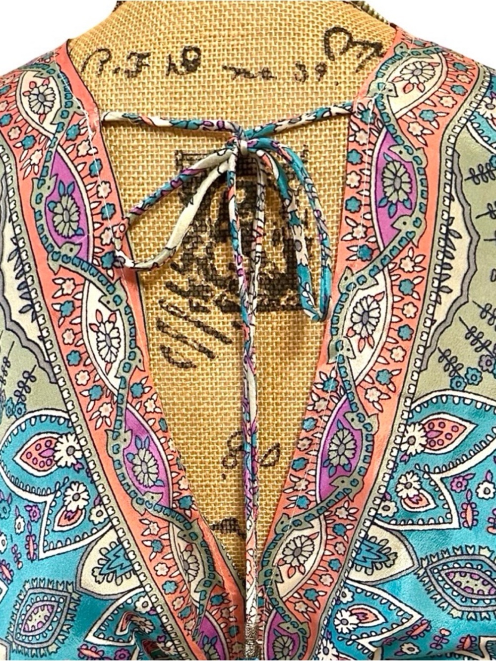 Festival Boho Paisley SHORT KIMONO STYLE DRESS - Teal Multi - OS - 70% SILK - Picture 7 of 17